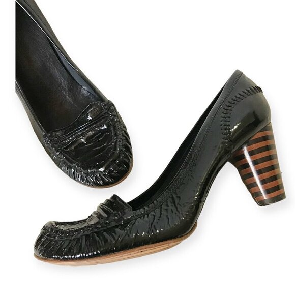 Georgina Goodman black crinkled patent loafer pumps,  38EU with round stripe hee - Picture 1 of 12